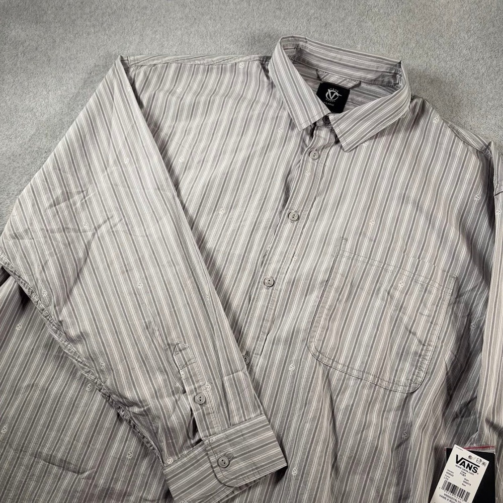 Vans Rowan Zorilla Button Down Shirt Mens XL Grey Striped Long Sleeve NWT Logo